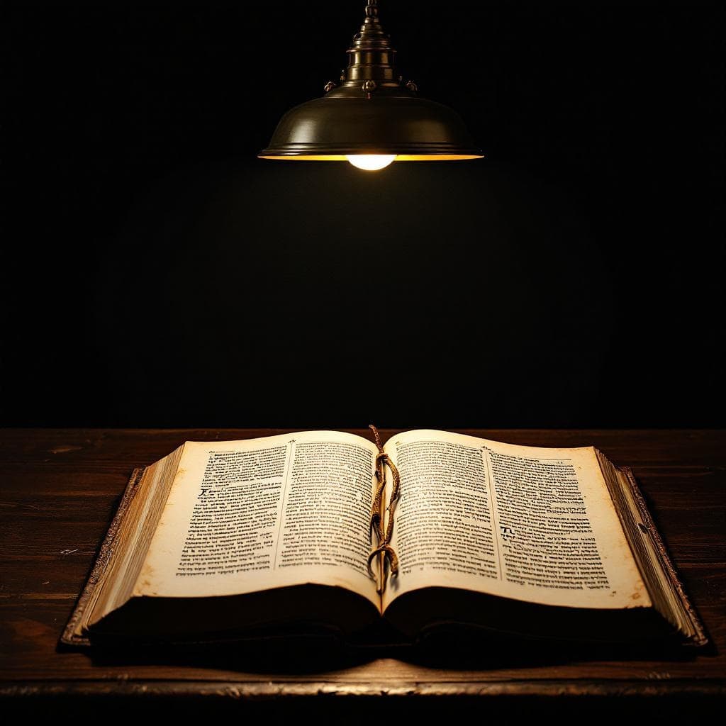 An open Hebrew book beneath a brass pendant lamp in dramatic light