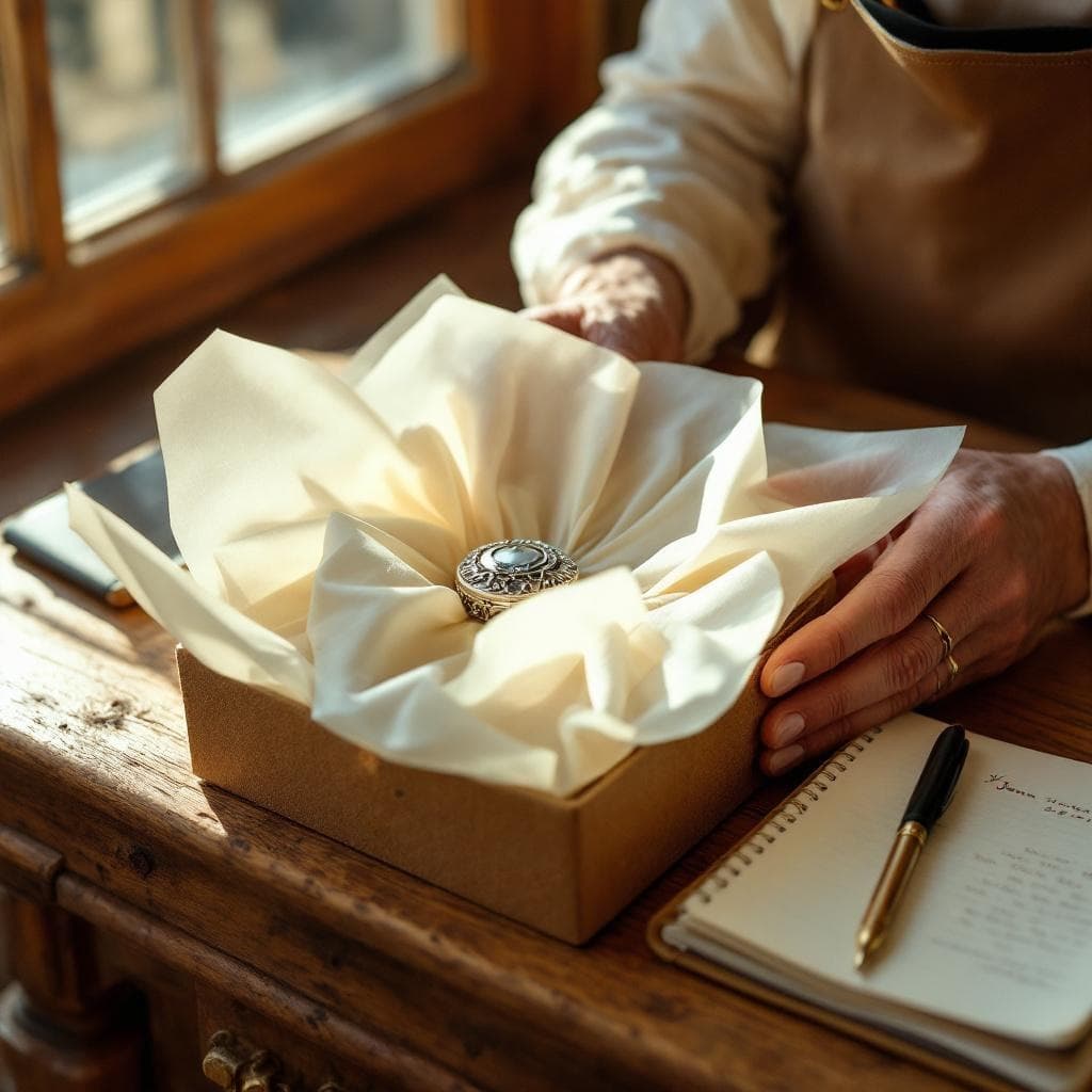 Artisan hands wrapping a small silver Judaica object in cream tissue paper