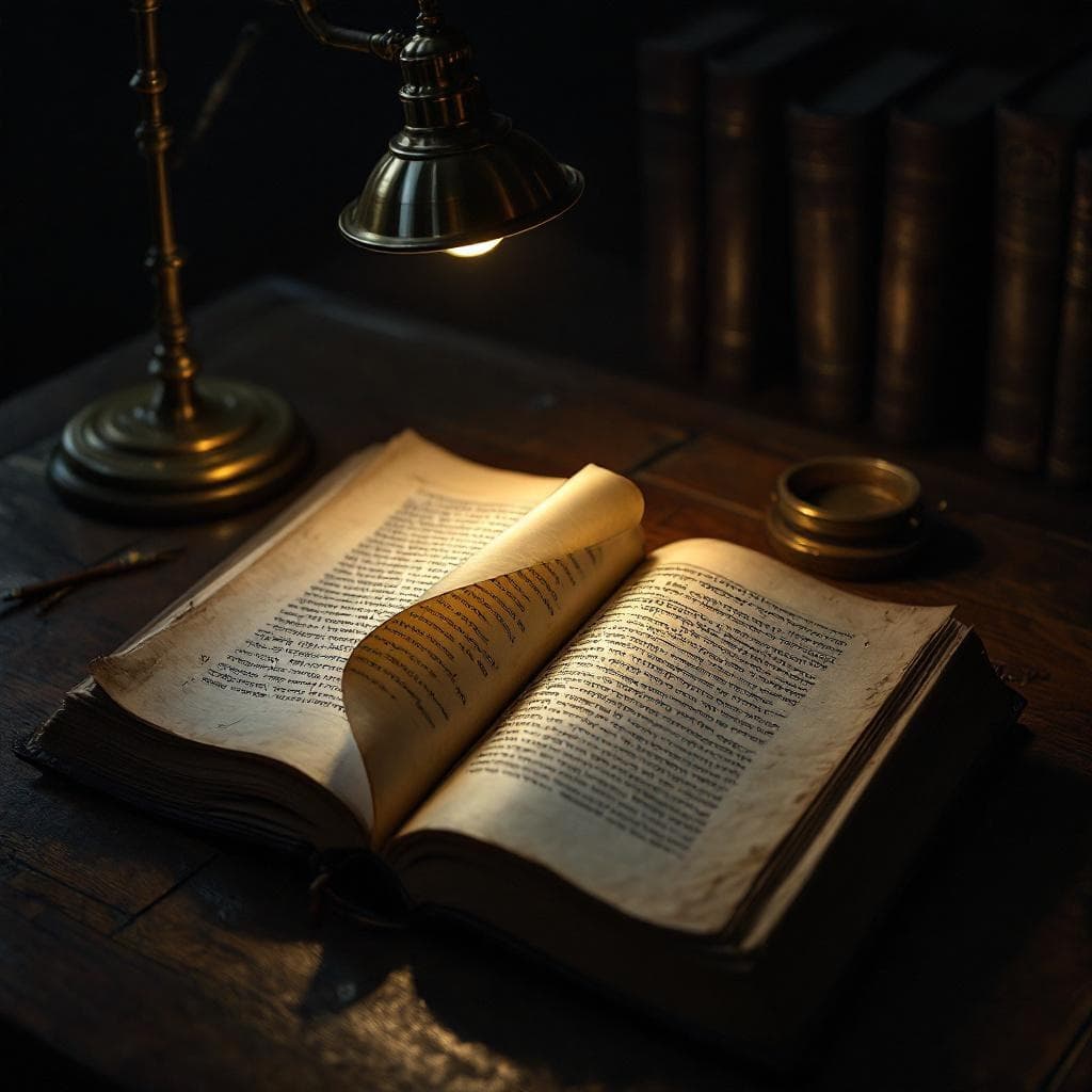 Fingers turning the page of an ancient Hebrew manuscript under a brass lamp