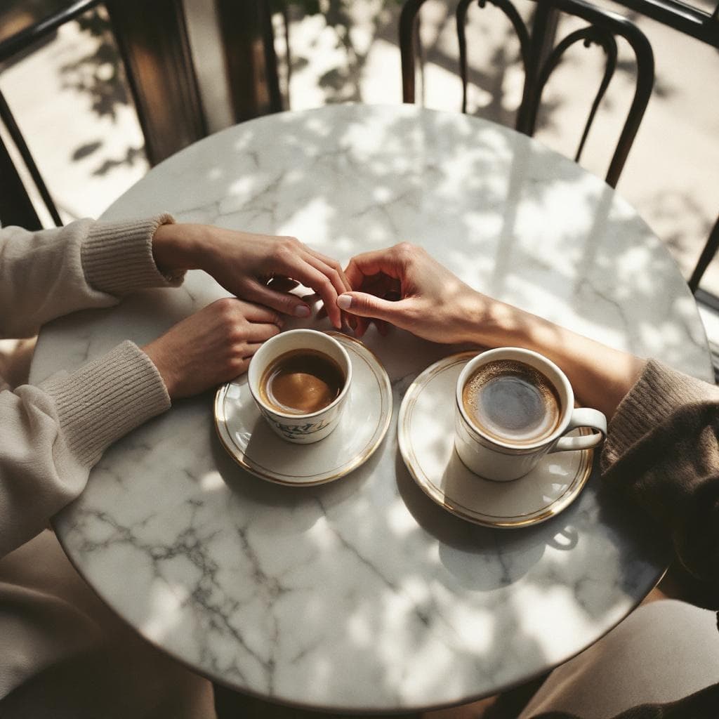 Two coffee cups on a marble cafe table and two hands meeting