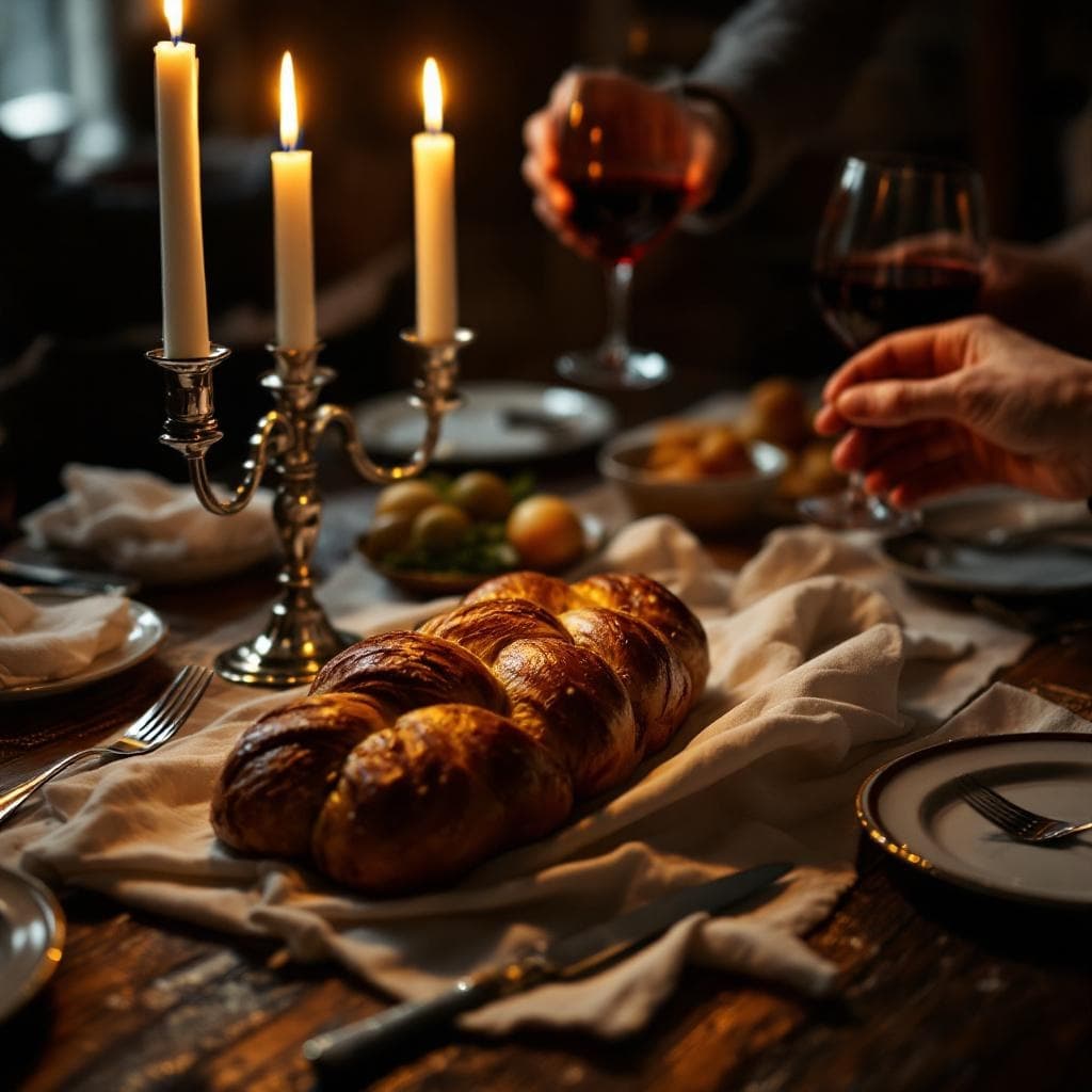 A Shabbat dinner table with candles, challah, and raised glasses of wine