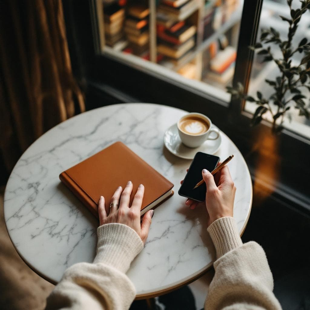 A hand writing in a leather journal beside a coffee in a Parisian cafe