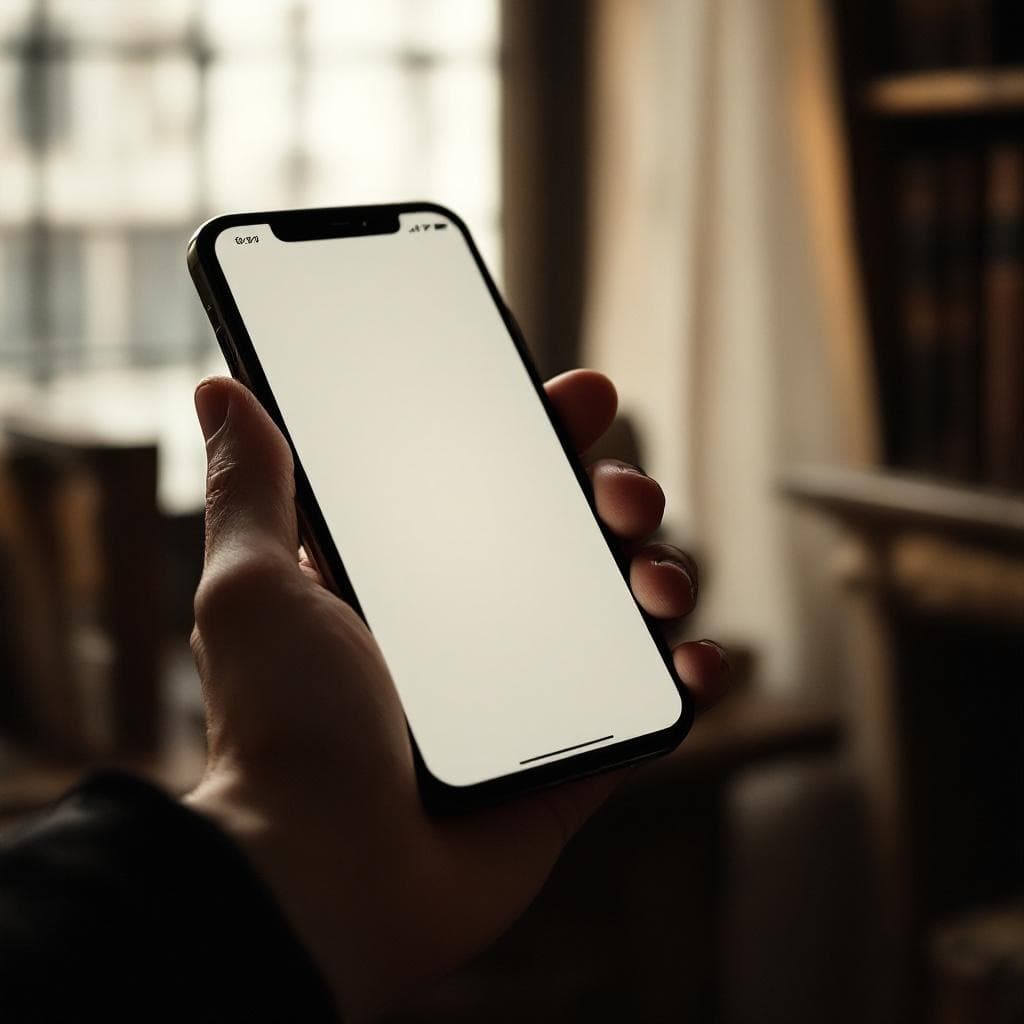 A single hand holding a minimal smartphone in soft window light