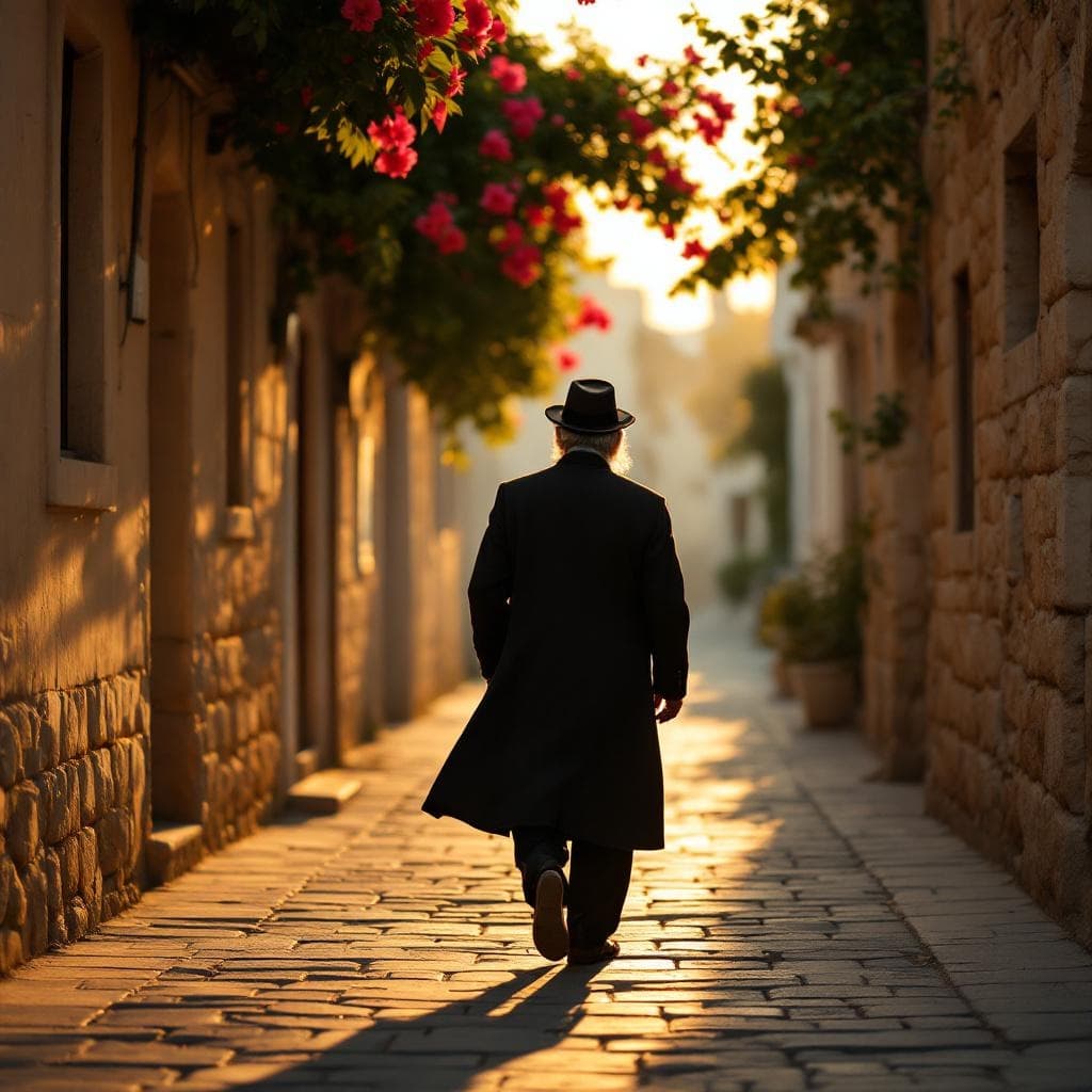 Silhouette of a bearded man in a dark coat walking a Tel Aviv stone alley at golden hour